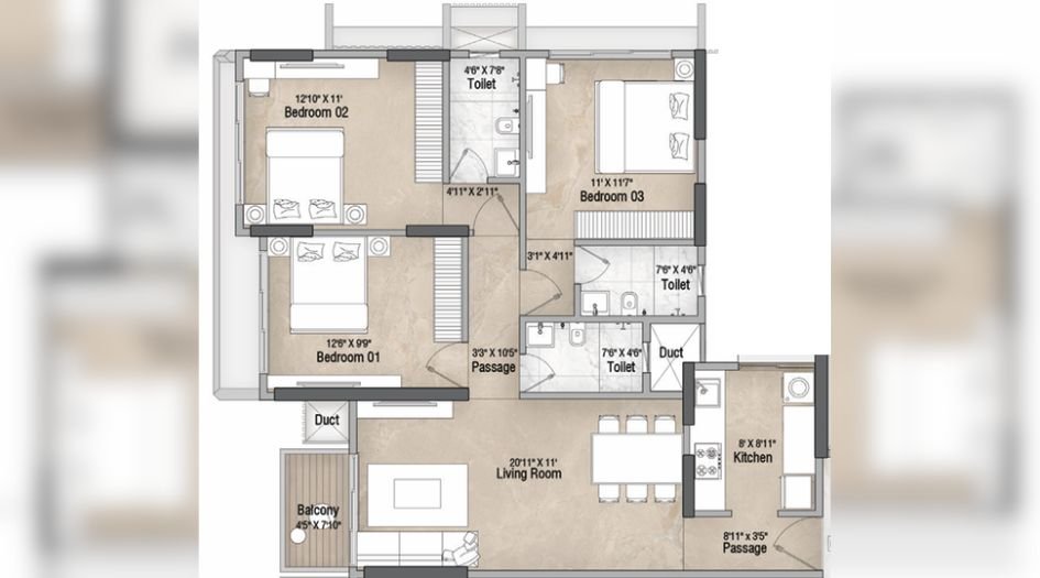 Vascon-Orchid-Floor-Plan-3 BHK-973 Sqft-C-Wing